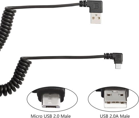 كابل ملفوف USB صغير من RIIEYOCA، زاوية يسارية ميكرو USB ذكر إلى الزاوية اليمنى USB A ذكر مزامنة وشحن سلك حلزوني زنبركي لأجهزة USB الصغيرة (1.47 قدم إلى 3.94 قدم) in Kuwait