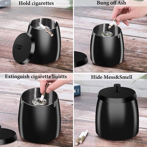 Ashtray with Lid for Cigarettes, Windproof Outdoor Ashtray Smokeless Odorless, Stainless Steel Ash Tray for Outside Indoor Patio Home Office Decoration (Large) in Kuwait