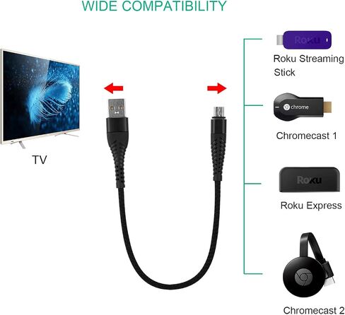 سلك طاقة USB متوافق مع Roku Chromecast TV Streaming Stick - كابل شاحن، قصير مجدول 11 بوصة، عبوتان in Saudi Arabia