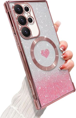 for Samsung Galaxy S22 Ultra Case Magnetic,for Women Girl Soft Luxury Plating Bling Gradient Glitter Cute Heart Cover Compatible with MagSafe Clear Shockproof Protective Phone Case 6.8"-Pink in Kuwait