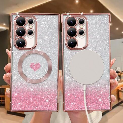for Samsung Galaxy S22 Ultra Case Magnetic,for Women Girl Soft Luxury Plating Bling Gradient Glitter Cute Heart Cover Compatible with MagSafe Clear Shockproof Protective Phone Case 6.8"-Pink in Kuwait