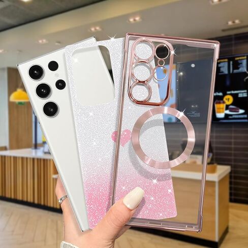 for Samsung Galaxy S22 Ultra Case Magnetic,for Women Girl Soft Luxury Plating Bling Gradient Glitter Cute Heart Cover Compatible with MagSafe Clear Shockproof Protective Phone Case 6.8"-Pink in Kuwait