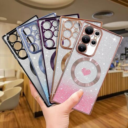 for Samsung Galaxy S22 Ultra Case Magnetic,for Women Girl Soft Luxury Plating Bling Gradient Glitter Cute Heart Cover Compatible with MagSafe Clear Shockproof Protective Phone Case 6.8"-Pink in Kuwait