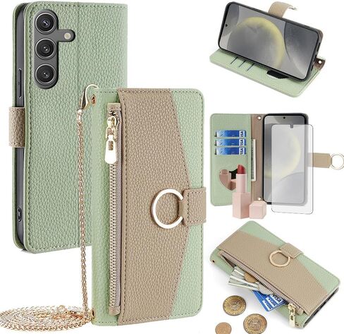 Asuwish Phone Case for Samsung Galaxy S24 5G Wallet Cover with Tempered Glass Screen Protector and Mirror Flip Cover Ring Credit Card Holder Crossbody Strap Stand Cell S 24 24S G5 Women Girls Green in Saudi Arabia