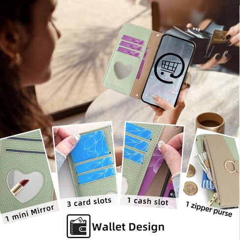 Asuwish Phone Case for Samsung Galaxy S24 5G Wallet Cover with Tempered Glass Screen Protector and Mirror Flip Cover Ring Credit Card Holder Crossbody Strap Stand Cell S 24 24S G5 Women Girls Green in Saudi Arabia
