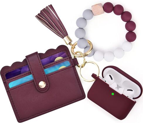 Case for Airpods Pro, Filoto Cute Apple Airpod Pro Cover for Women Girls, Silicone Airpods Pro Protective Case with Wristlet Bracelet Keychain Credit Card Holder Purse Accessories (Burgundy) in Saudi Arabia