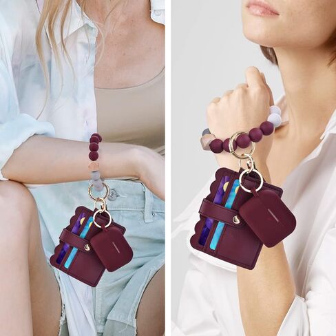 Case for Airpods Pro, Filoto Cute Apple Airpod Pro Cover for Women Girls, Silicone Airpods Pro Protective Case with Wristlet Bracelet Keychain Credit Card Holder Purse Accessories (Burgundy) in Saudi Arabia