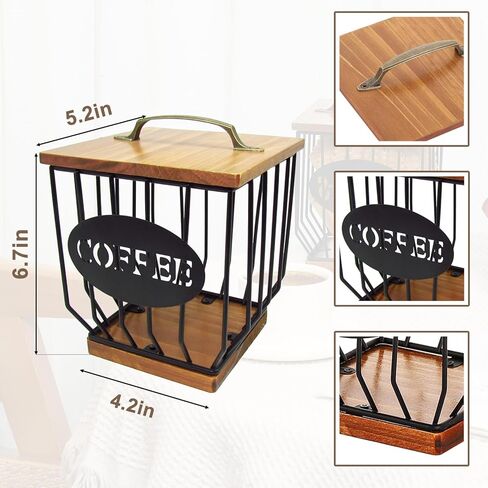 Coffee Pod Holder with Wood Lid K Cup Coffee Filter Holder, Black Wire Coffee Storage Basket, Keurig Pod Holder for Kitchen Countertop, Coffee Bar, Coffee Station Organizer(Square) in Saudi Arabia
