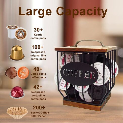Coffee Pod Holder with Wood Lid K Cup Coffee Filter Holder, Black Wire Coffee Storage Basket, Keurig Pod Holder for Kitchen Countertop, Coffee Bar, Coffee Station Organizer(Square) in Saudi Arabia