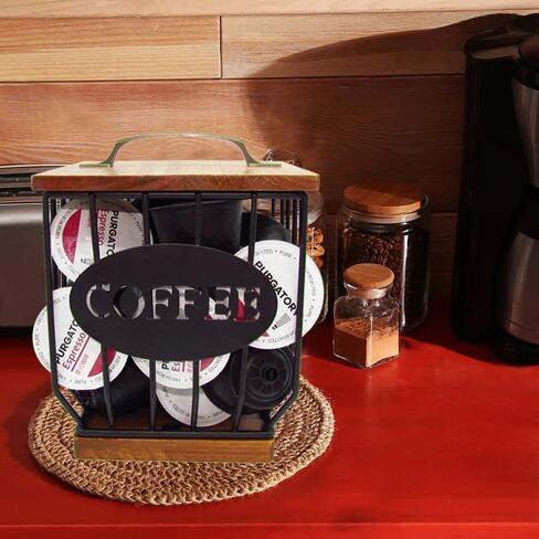 Coffee Pod Holder with Wood Lid K Cup Coffee Filter Holder, Black Wire Coffee Storage Basket, Keurig Pod Holder for Kitchen Countertop, Coffee Bar, Coffee Station Organizer(Square) in Saudi Arabia
