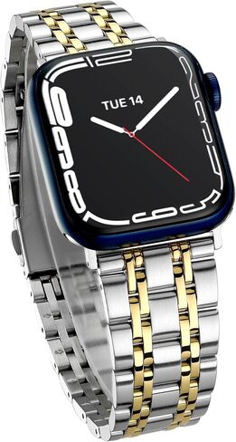Dressy Watch Band for Apple Watch 38mm 40mm 41mm 42mm 44mm 45mm, Seven-link Stainless Steel Metal Bands for Apple Watch 8,7,6,SE,5,4,3,2,1 for iWatch Band Silver Gold Two Tones Gold Rose Gold in Kuwait
