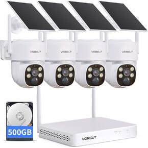 Solar Security Camera System Wireless Outdoor, 4pcs 4MP PTZ Home Solar Security Camera Kit, 10CH WLAN NVR with 500G HDD, No Monthly Fee, 360° Pan & Tilt, Easy Setup