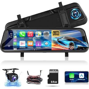 9.66 inch Rear View Mirror Camera - Wireless Apple Carplay & Android Auto - 1280 * 720P Dash Cam Front and Rear View Dual 1080P Cameras - Voice Control, Night Vision + Backup Camera + 64GB TF Card