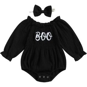 Ayalinggo Baby Girl Cotton Bubble Romper Smocked Muslin Rompers Bow Print Ruffle Outfit Newborn Fall Clothes+Headband