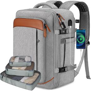 Vancropak Carry on Backpack, Flight Approved Travel Backpack with 3 Packing Cubes, Expandable Personal Item Travel Bag fit 17.3" Laptop, Anti Theft Luggage Suitcase Weekend Daypack for Women Men, Grey
