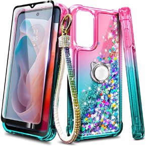 Designed Case for Motorola Moto G Play 2024, Glitter Floating Liquid Waterfall Cute Case with Ring Holder/Diamond Wrist Strap Lanyard/Tempered Glass Screen Protector (Pink/Aqua)