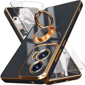 for Moto G Stylus 5G 2024 Case,with Screen Protector, Built-in 360° Rotation Ring Magnetic Kickstand, Plating Gold Edge Soft TPU Shockproof Protective Case for Motorola Moto G Stylus 5G 2024 (Pink)