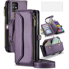 Asuwish Phone Case for Samsung Galaxy A51 4G Zipper Wallet Cover with Tempered Glass Screen Protector and Leather Flip RFID Blocking Credit Card Holder Cell A 51 M40S 51A A515F S51 Women Girls Purple