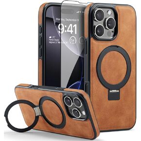 Casus Designed for iPhone 16 Pro Max Case Compatible with MagSafe Kickstand Vegan Leather Slim Classic Luxury Elegant Thin Protective Cover with Tempered Glass Screen Protector (2024) 6.9" (Brown)