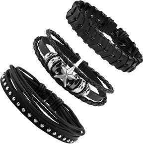 Eigso Unisex PU Leather Punk Bangles Cuff Set for Men Women Wooden Bead Link Braclet Snap Adjustable