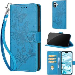 Designed for iPhone 16 Plus Case Wallet,Women Flip Folio Cover with Embossed PU Leather Stand Credit Card Holders Slots Wrist Strap Phone Case for iPhone 16 Plus 6.7 Inch (Rose Gold Butterfly)