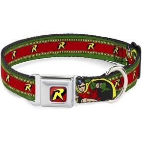Dog Collar Seatbelt Buckle Robin Action Pose Logo Stripe Green Yellow Red Black 18 to 32 Inches 1.5 Inch Wide
