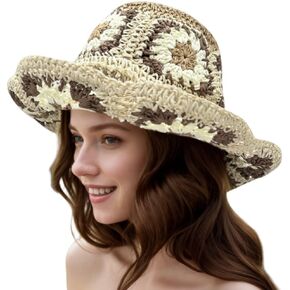 Multicolor Floral Crochet Straw Sun Hat, Foldable Wide Brim Bucket Hat, Packable Fishing Hat, Summer Beach Cap for Women
