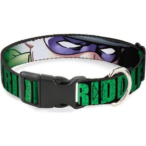 Dog Collar Plastic Clip The Riddler Face Close Up Black Green 8 to 12 Inches 0.5 Inch Wide