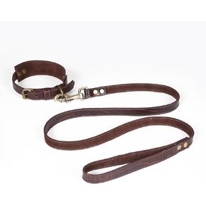 Genuine Leather Dog Collar and Leash Combo with Metal Buckle, Soft Handsome Comfirtable Durable Leash and Adjustable Collar Set - 18 Inch Collar, 50 Inch Leash - Dark Brown