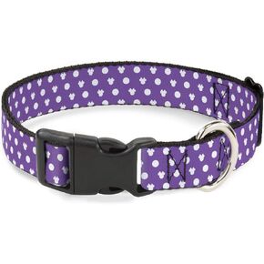 Dog Collar Plastic Clip Minnie Mouse Ears Monogram Dots Purple White 15 to 26 Inches 1.0 Inch Wide