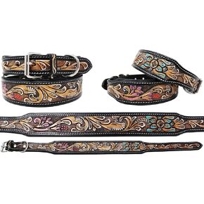 CHALLENGER 100% Cow Leather Amish Padded Leather Hand Crafted Tooled Dog Collar 60FK43