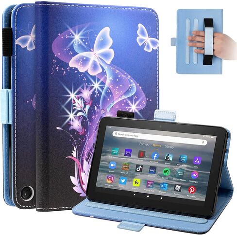 حافظة Dteck لجهاز Amazon Kindle Fire 7 اللوحي الجديد إصدار الجيل الثاني عشر 2022، محفظة واقية من جلد البولي يوريثان، غطاء ذكي بزوايا رؤية متعددة مع ميزة إيقاظ النوم التلقائي، فراشة وردية in Saudi Arabia