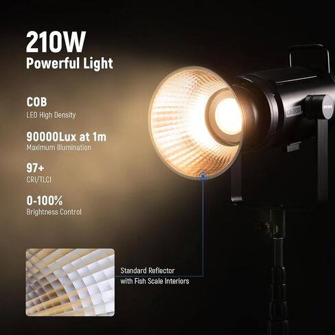 NEEWER CB200 210W LED فيديو ضوء مع تحكم 2.4G/APP، 5600K ضوء النهار COB إضاءة الإخراج المستمر للتصوير الفوتوغرافي مع 98500lux/m، CRI97+/TLCI97+، 9 مشاهد، PWM Dimming، Bowens Mount in Kuwait