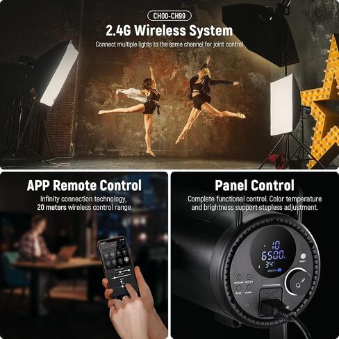 NEEWER CB200 210W LED فيديو ضوء مع تحكم 2.4G/APP، 5600K ضوء النهار COB إضاءة الإخراج المستمر للتصوير الفوتوغرافي مع 98500lux/m، CRI97+/TLCI97+، 9 مشاهد، PWM Dimming، Bowens Mount in Kuwait