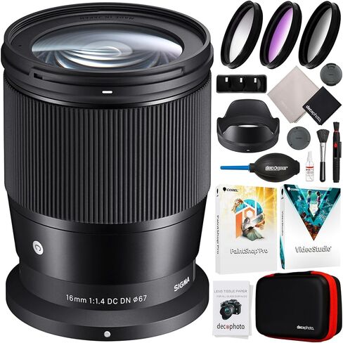 عدسة سيجما 16 ملم F1.4 DC DN المعاصرة لكاميرات Nikon Z-Mount DX عديمة المرآة APS-C 402973 حزمة مع ملحقات التصوير الفوتوغرافي Deco Gear + مجموعة مرشح UV CPL FLD مكونة من 3 قطع وبرامج فيديو للصور in Saudi Arabia