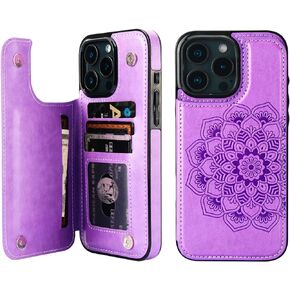 Vaburs Compatible with iPhone 16 Pro Max Case Wallet with Card Holder, Embossed Mandala Pattern Flower PU Leather Double Buttons Flip Shockproof Cover for Magnetic Car Mount 6.9 Inch (Gray)