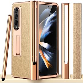 Miimall Compatible for Samsung Galaxy Z Fold 4 Case with S Pen, Stylus Pen with Pen Holder+Tempered Glass Screen Protector+Plating All-Inclusive Hinge Leather Case for Galaxy Z Fold 4 2022(White)