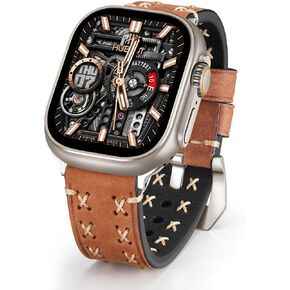 حزام ساعة من الجلد الطبيعي من BINLUN متوافق مع ساعة Apple Watch Ultra 49 ملم من جلد Crazy-Horse وأشرطة ساعة من الجلد الخام والحبوب العلوية مصنوعة يدويًا للرجال متوافقة مع iWatch Ultra/Ultra 2 in Kuwait