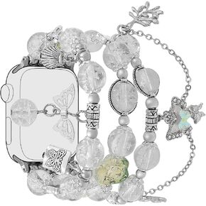 Stretch Beaded Band Compatible with Apple Watch Bands 49/46/45/44/42mm 41/40/38mm Women,Elastic Transparent Wristband with Cute Charms Pendants for iWatch Series 10 9 8 7 6 5 4 3 2 SE Ultra 2