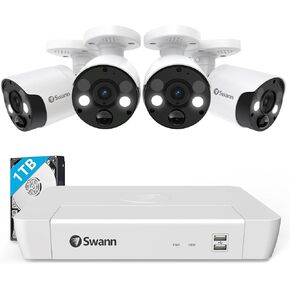 SWANN Pro 4K Ultra HD, 8 Channel Security Camera System, 1TB NVR, 4 PoE IP 4K Cameras Outdoor, 8MP Wired Surveillance CCTV, Heat Motion Vehicle Detection, LED Light, 24/7 Recording Camera, 88680W4FB