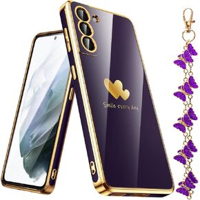 for Samsung Galaxy S21 5G Case with Phone Lanyard Wrist Strap [Butterfly Shape], Luxury Double Heart Pattern Plating Gold Edge Slim Soft Phone Cover Case for Galaxy S21 - Purple