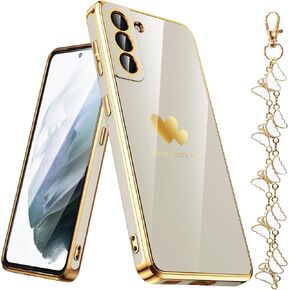 for Samsung Galaxy S21 5G Case with Phone Lanyard Wrist Strap [Butterfly Shape], Luxury Double Heart Pattern Plating Gold Edge Slim Soft Phone Cover Case for Galaxy S21 - Purple in Kuwait