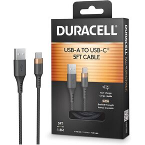 DURACELL USB-C to USB-A Charging Cable (5ft/1.5m), Fast Charging Cable, Type C Charger for iPhone 15, Samsung Galaxy S23 / S22, Note20, Google Pixel, IPad Air, Carplay, Tablets and More (Black)