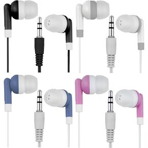 LowCostEarbuds.com Bulk Pack of 50 Mixed Candy Color Individually Packaged 3.5mm in-ear Earbuds/Headphones - Great for Schools/Kids/Libraries