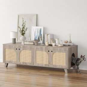 Double Hidden Cat Litter Box Enclosure Furniture Cabinet with Rattan Decorated Doors for Two Cats，Two Entrances