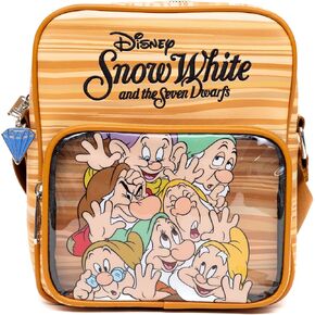 Disney Vegan Leather Crossbody Backpack with Adjustable Strap, Snow White and the Seven Dwarfs Face Smash Group Pose and Faux Wood Grain