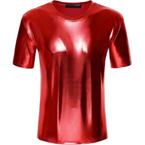 Lars Amadeus Men's Metallic T-Shirt Crew Neck Short Sleeves Shiny Party Nightclub Tee Shirt in Saudi Arabia