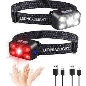 Rechargeable Headlamp,2 Pack 2500 Lumen Bright 5 Led Headlamp,14 Modes Adjustable Motion Sensor Headlight with Red Light for Adults& Kids,USB C Waterproof Head Flashlight for Outdoor Hiking