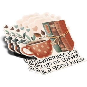 (3Pcs) Happiness is A Cup of Coffee and A Good Book Sticker Reading Lover Nerd Book Addict Bookish Quote Decal Waterproof Vinyl Stickers Adult for Kindle Laptop Tumbler Water Bottle - Size 3"x2.9"