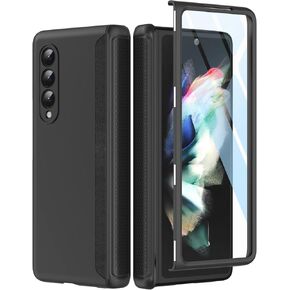 Slim Thin Z Fold 3 Case with Hinge Coverage, Screen Protector, Matte Hard Shockproof Full Body Protection Phone Cover for Samsung Galaxy Z Fold 3 5G (Black)